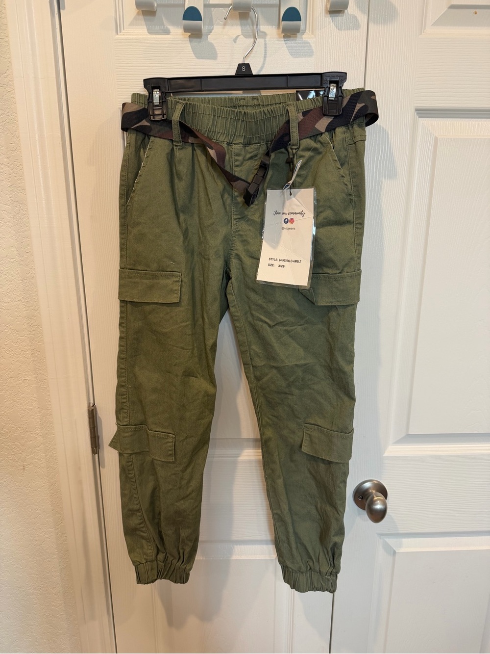 VIP Olive Green Cargo Jogger Pants with Camo Belt